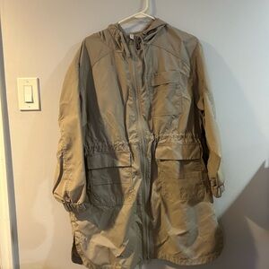 Fabletics Tan Hooded Jacket size small with double zipper and cinched waist